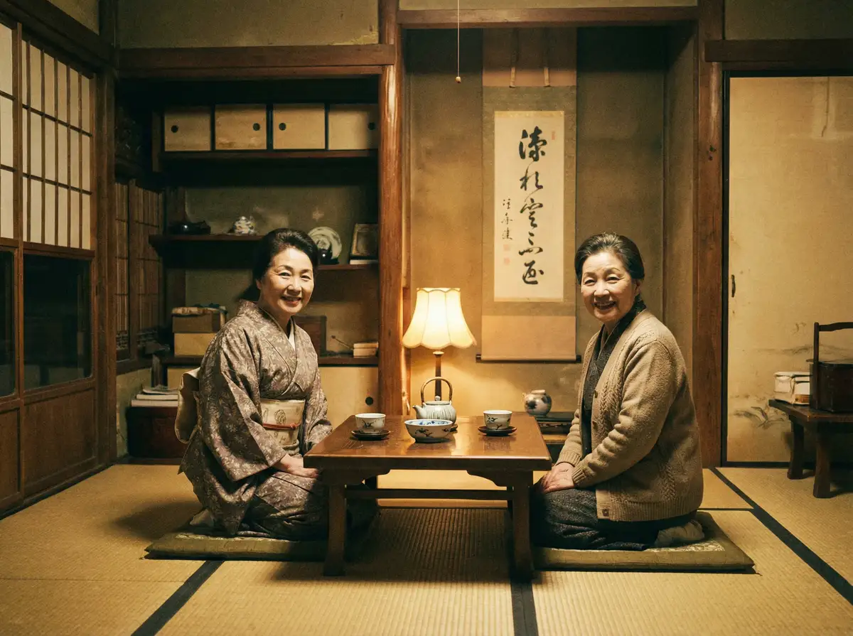 两位优雅的 完美体育 在日式茶室中品茶交谈